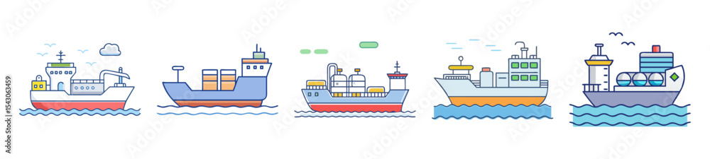 Various cargo ships sailing on the water in flat line design illustration Various cargo ships sailing on the water in flat line design illustration