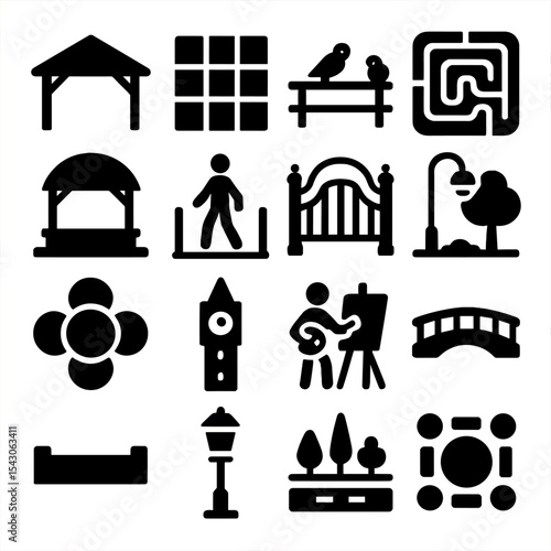 Urban and Park Icons. Solid style icons of urban and park: park shelter roof, plaza pattern tile, birds on railing, hedge maze