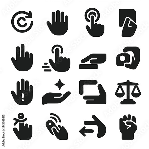 Solid Gesture Icons. Solid style icons of hand gestures: hand with swirling motion, palm imprint icon, touchscreen hand sign, hand