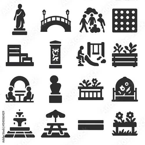 Urban Park Icons. Solid style icons of urban and park: park landmark statue, lighted walking bridge, plaza water mist zone,