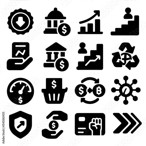 Economy Icon Set. Solid style icons of economy: import quota badge, sovereign wealth fund icon, economic mobility chart,