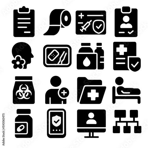 Medical Icon Set. Solid style icons of medical and healthcare: inpatient chart icon, sterile packaging roll, vaccination