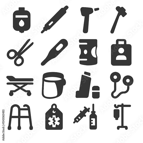 Medical Equipment Icons. Solid style icons of medical and healthcare: blood bag, insulin pen, otoscope icon, reflex hammer,