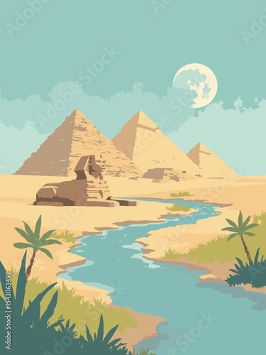 Egypt - Pyramids of Giza, Sphinx, Nile River in desert sand, sphinx stone, river blue, and oasis green