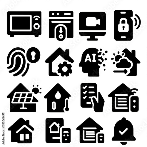 Smart Home Automation Icons. Solid style icons of smart home automation: smart microwave interface, smart oven control, video feed