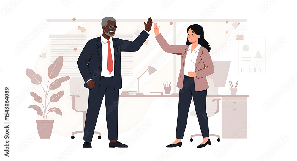 Fototapeta premium Celebrating Success Business Colleagues High-Five in Modern Office