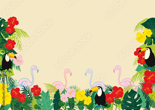 夏にぴったりの南国素材フレーム1 Summer Tropical Set  Frame with Leaves and Birds