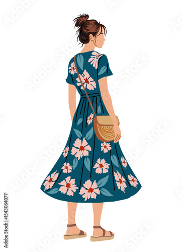 Vector illustration of woman in summer floral dress and sandals, standing rear view. Stylish, feminine, and casual fashion look. Isolated on transparent background. Seasonal outfit concept