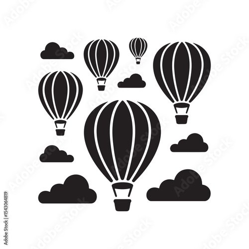 Hot Air Balloon Silhouette Vector – Flying Balloons with Clouds Icon Set