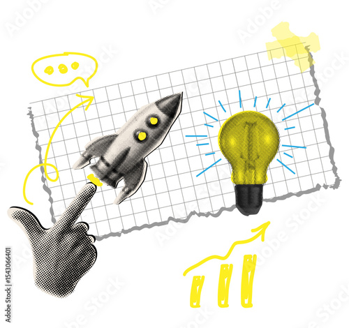 Halftone collage with rocket, pointing human hand and piece of torn checkered paper,trendy collage elements cut out from magazine, business startup,ideas concept