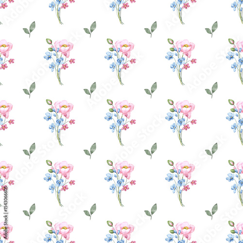 Seamless floral pattern minimalist repeating background with watercolor flower and leaf bouquets. Fabric wallpaper print texture. Perfectly for backdrop, wrapped paper.