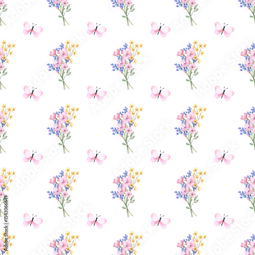 Seamless floral pattern minimalist repeating background with watercolor flower and leaf bouquets. Fabric wallpaper print texture. Perfectly for backdrop, wrapped paper.
