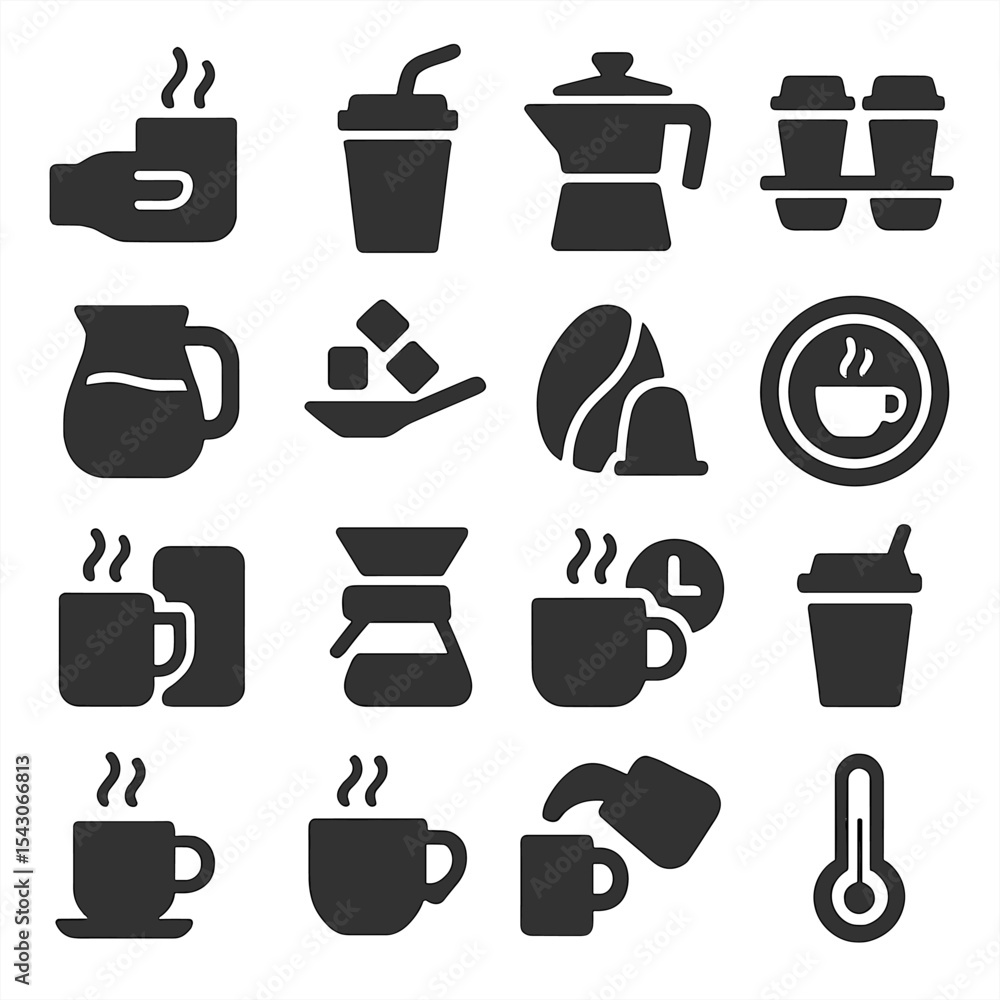 Coffee Icons Collection. Solid style icons of coffee silhouette: steaming mug in hand icon, takeaway coffee with straw, espresso Coffee Icons Collection. Solid style icons of coffee silhouette: steaming mug in hand icon, takeaway coffee with straw, espresso