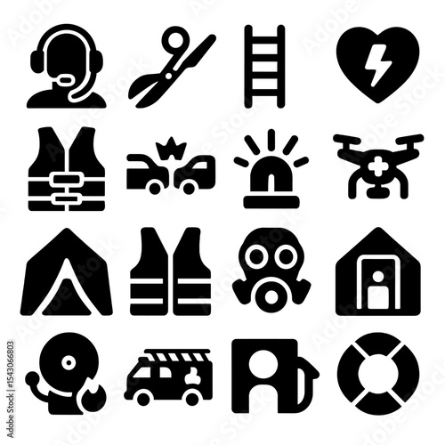 Emergency Services Icons. Solid style icons of emergency services: emergency dispatcher headset, trauma shears, fire rescue ladder
