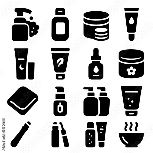 Facial Skincare Icons. Solid style icons of facial skincare routine: exfoliating foam pump, micellar water bottle, toner pads