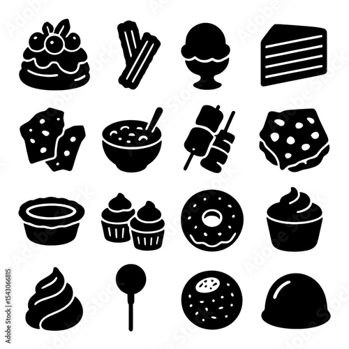 Dessert Icon Collection. Solid style icons of desserts: pavlova with berries, churro stick pair, scoop of gelato, rainbow layer