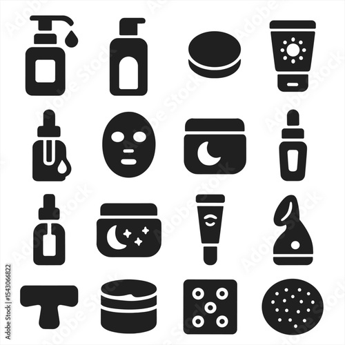 Facial Skincare Icons. Solid style icons of facial skincare routine: oil cleanser pump, foaming face wash, cotton pad for toner,