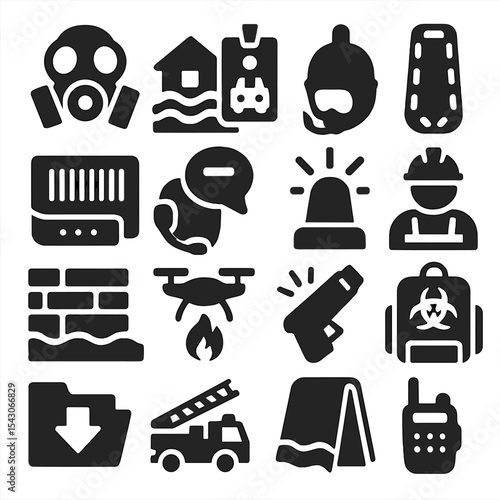 Emergency Services Icons. Solid style icons of emergency services: emergency breathing mask, flash flood icon, emergency vehicle