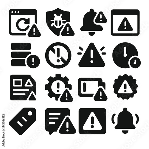 Notification Alert Icons. Solid style icons of notification and alert: software update alert, antivirus alert icon, event reminder