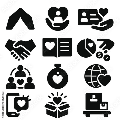 Charity Donation Icons. Solid style icons of charity and donation: emergency relief tent, donation program logo, donor pledge card