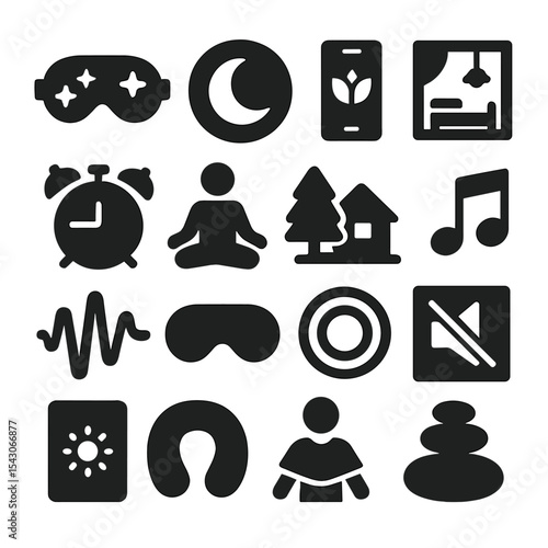 Sleep and Relaxation Icons. Solid style icons of sleep and relaxation: face mask with stars, zen circle with moon, mindfulness app