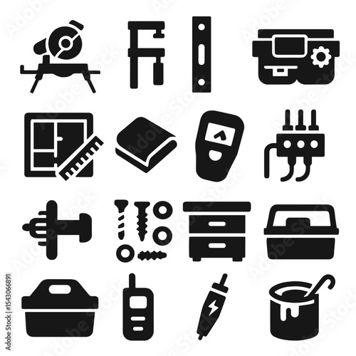 DIY Home Improvement Tools. Solid style icons of DIY home improvement: miter saw with stand, woodworking clamp icon, wall stud