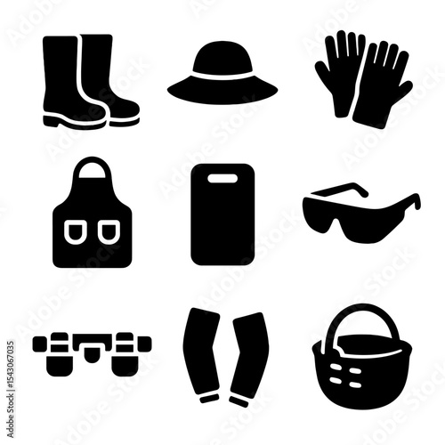 Gardening Gear Icons. Solid style icons of gardening clothing and gear: garden boots, sunhat, work gloves, apron with pockets,