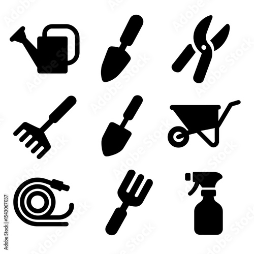 Garden Tools Icons. Solid style icons of home gardening tools: watering can, garden trowel, pruning shears, rake tool, shovel