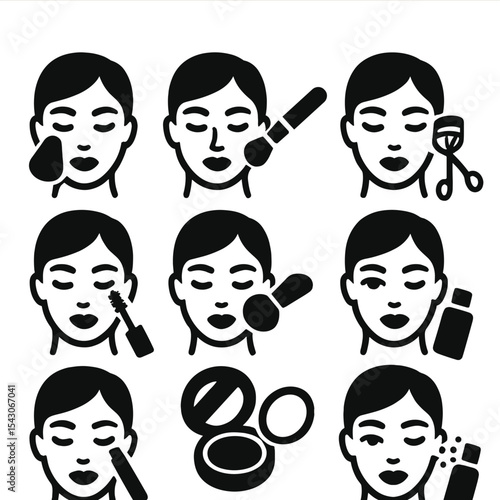 Makeup Application Icons. Solid style icons of makeup application steps: apply foundation, blend concealer, draw eyeliner, curl