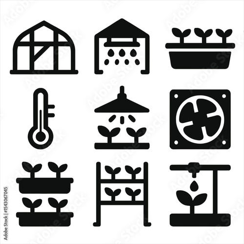 Greenhouse Icon Set. Solid style icons of greenhouse gardening: greenhouse frame, mist system, seedling tray, temperature control,