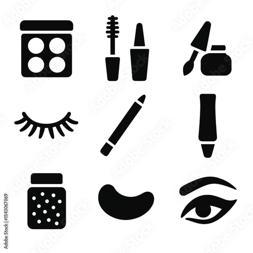 Eye Makeup Essentials. Solid style icons of eye makeup: eyeshadow palette, mascara brush, eyeliner pot, false lashes, brow pencil,