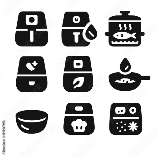 Air Fryer Icons. Solid style icons of air fryers and health cookers: air fryer, oil-free fryer, steam grill, clean cooker, healthy
