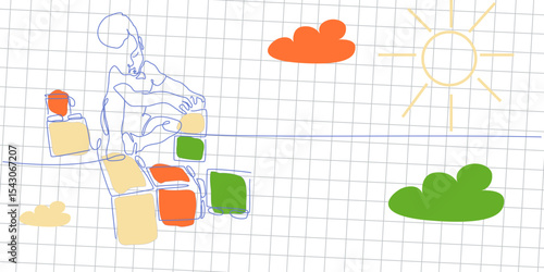 Continuous one line drawing with a boy plays with blocks. Vector single line illustration of a child plays with blocks on a notebook background