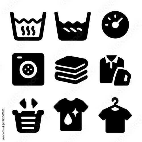Laundry Process Icons. Solid style icons of laundry processes: wash cycle, rinse cycle, spin cycle, dry cycle, folding clothes,