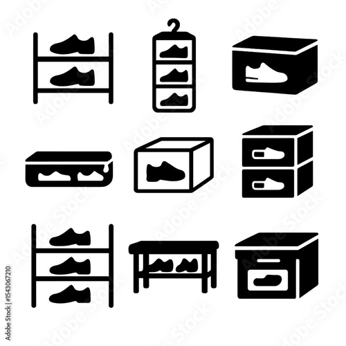 Shoe Storage Icons. Solid style icons of shoe storage: shoe rack, hanging organizer, shoebox, under-bed storage, clear box,