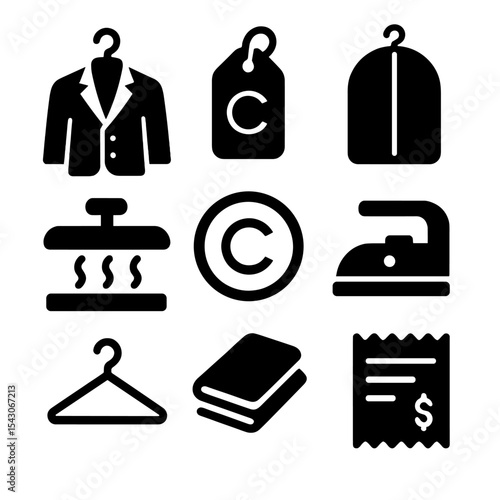Dry Cleaning Icons. Solid style icons of dry cleaning: suit on hanger, dry cleaning tag, garment bag, steam press, dry clean