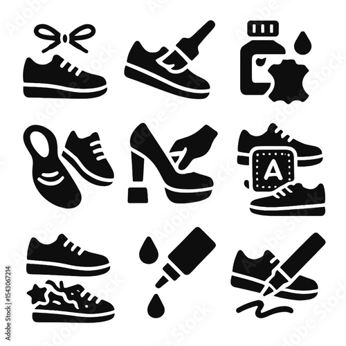 Shoe Customization Icons. Solid style icons of shoe customization: lace swap, painted sole, leather dye, custom insole, heel