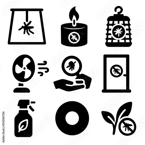 Mosquito Control Icons. Solid style icons of mosquito control: mosquito net, citronella candle, bug zapper, fan breeze, standing