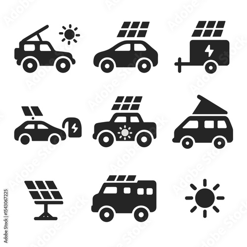 Off-Grid Solar Vehicles. Solid style icons of off-grid solar vehicles: desert vehicle, rooftop panels, energy trailer, remote
