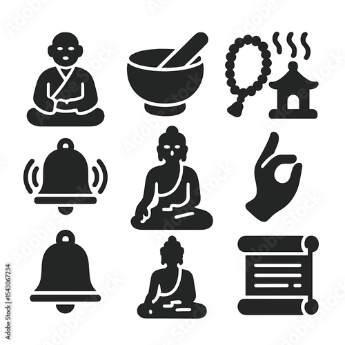 Meditation Tradition Icons. Solid style icons of meditation traditions: zen monk, Tibetan bowl, prayer beads, incense temple,