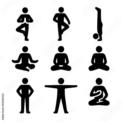 Yoga Balance Silhouettes. Solid style icons of yoga balance: balanced body, one leg stand, handstand silhouette, posture symmetry,
