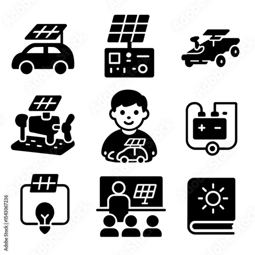 Educational Solar Vehicle Icons. Solid style icons of educational solar vehicles: solar car model, science kit panel, school