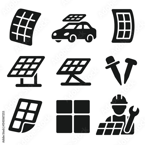 Solar Panel Icons. Solid style icons of solar panels and installation: flexible panel, car roof panel, curved solar cell, frame