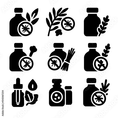 Pest-Repelling Oils. Solid style icons of pest-repelling oils: eucalyptus oil, tea tree oil, citronella extract, clove oil,