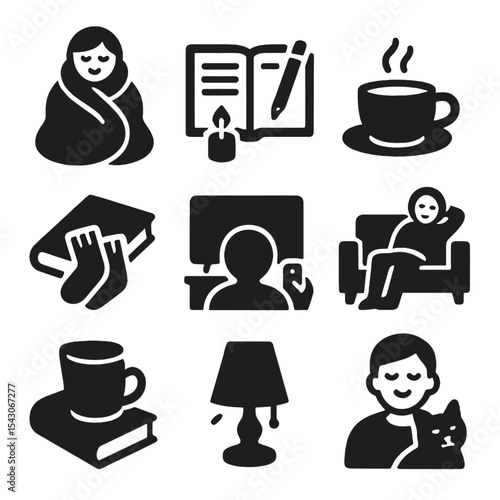 Cozy Solo Evenings. Solid style icons of cozy evenings alone: solo blanket wrap, journal and candle, quiet tea, resting on couch,
