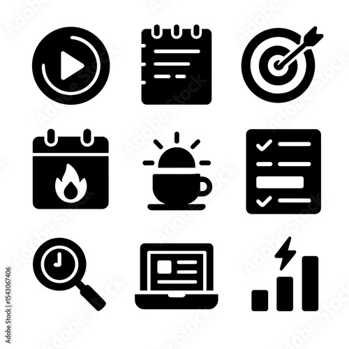 Productivity Habit Icons. Solid style icons of productivity habits: focus timer, daily planner, goal tracker, habit streak,
