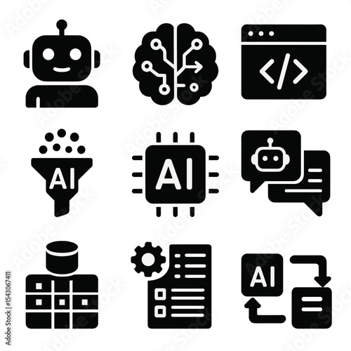 AI Tools Icons. Solid style icons of AI tools: robot assistant, neural net, code suggestion, smart filter, AI model icon, chatbot