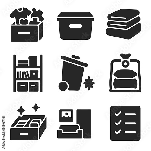 Declutter Icons Collection. Solid style icons of home decluttering: donation box, labeled bin, folded clothes, storage shelf, junk