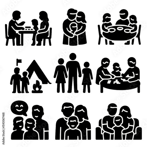 Family Bonding Icons. Solid style icons of family bonding: game night, group hug, dinner table, camping trip, family walk, shared