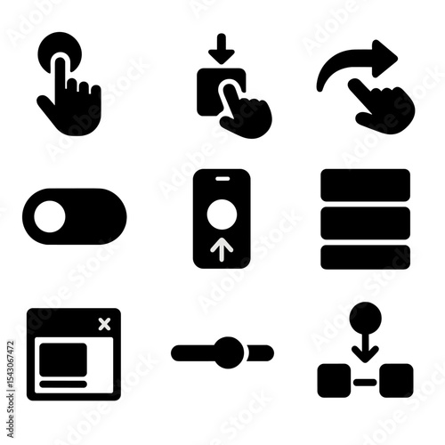 Intuitive UX Icons. Solid style icons of intuitive UX patterns: button tap, drag drop, swipe action, toggle icon, scroll motion,